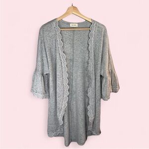 The Nines Gray 3/4‎ Sleeve Lace Trim Open Front Cardigan Sweater Boho Hippie SM